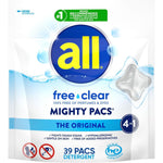All Free Clear Mighty Pacs 39 count front pouch view showing hypoallergenic label
