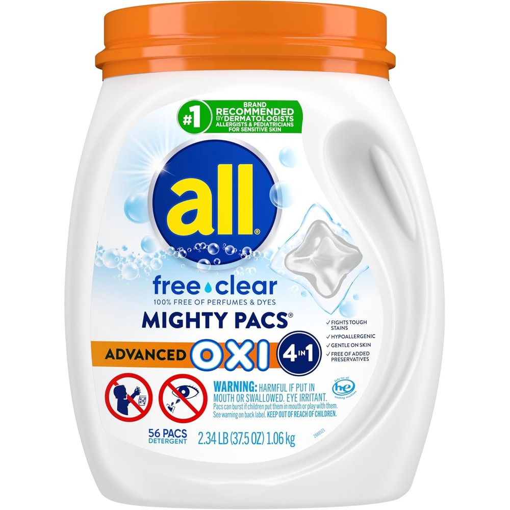 All Mighty Pacs Free Clear 56 count tub front view sensitive skin laundry detergent