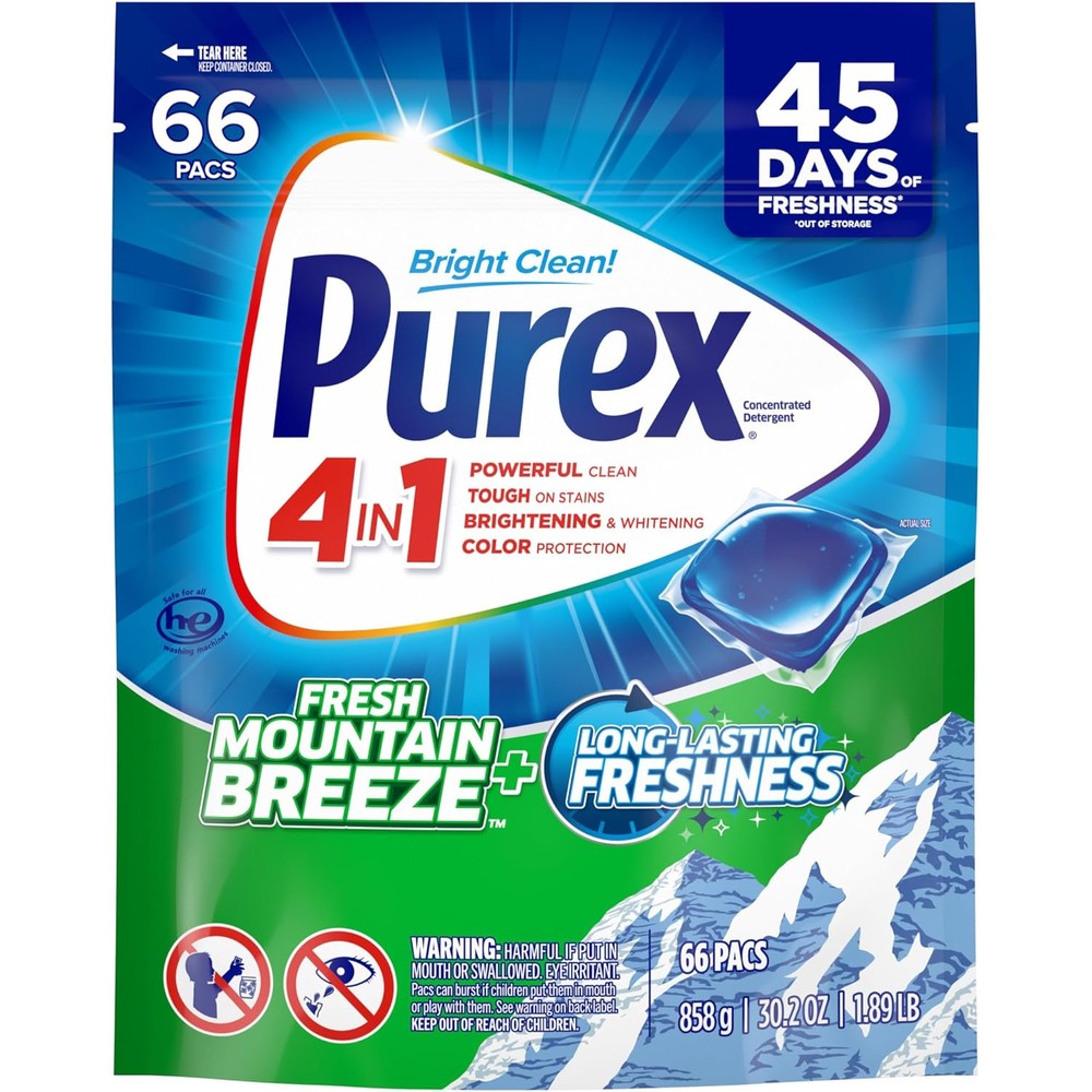 Purex 4-in-1 laundry detergent pacs mountain breeze 66 count front pack view