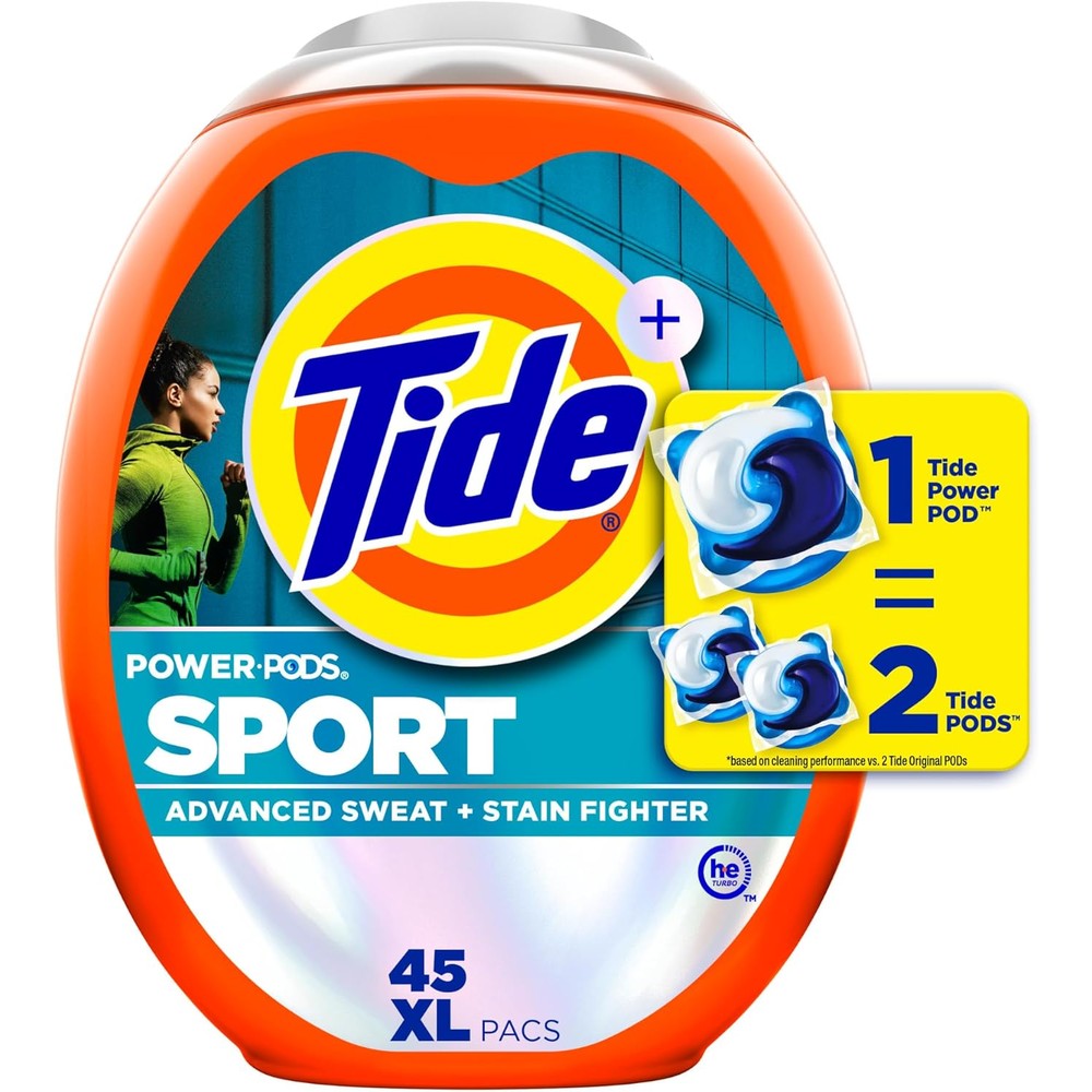 Tide Power Pods Sport 45 count tub front view for odor defense