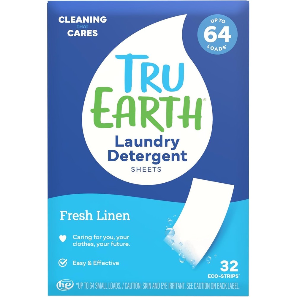 Tru Earth Compact Dry Laundry Detergent Sheets front packaging showing Fresh Linen scent.