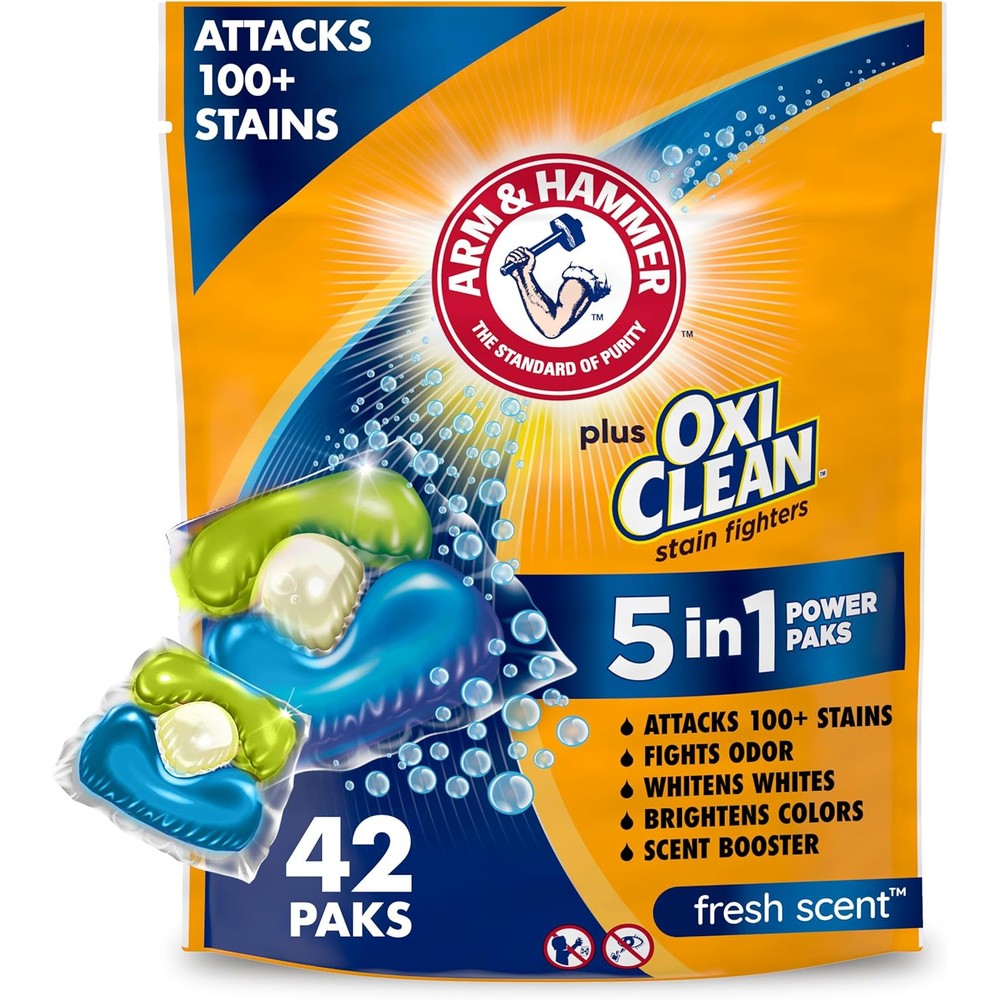 Arm & Hammer Plus OxiClean 5-in-1 Laundry Detergent Power Paks front packaging for stain removal.