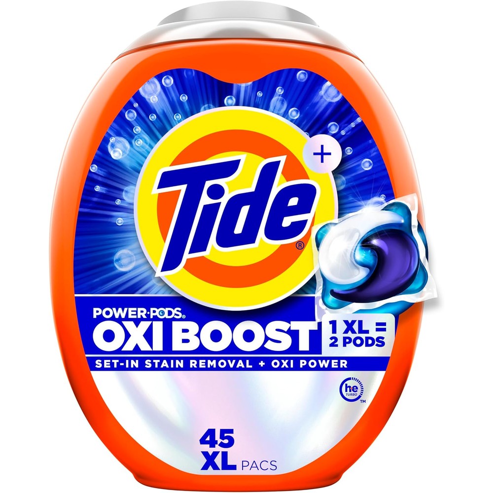 Tide Oxi Boost Power PODS Laundry Detergent 45 Count container front view for heavy duty stain removal.