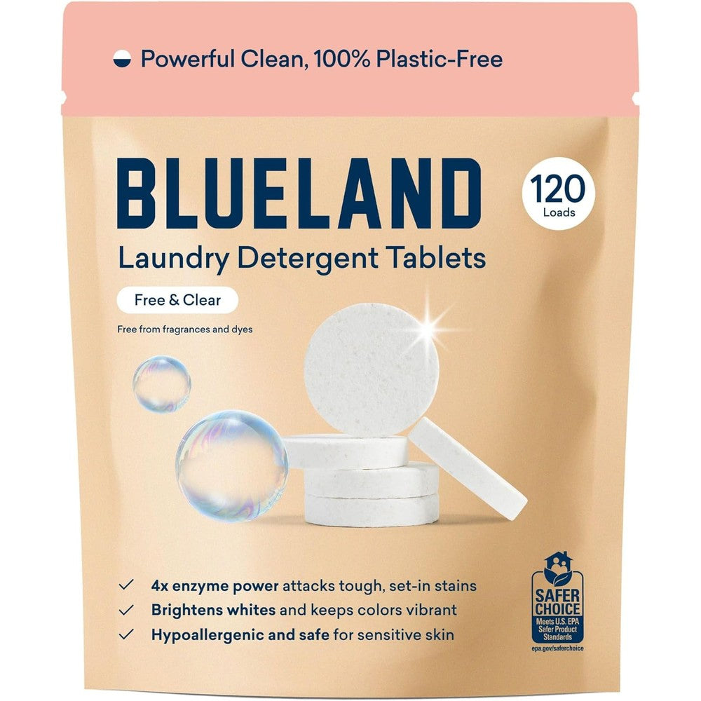 Blueland Laundry Detergent Tablets 120 Count front packaging view showcasing plastic free eco friendly pods alternative