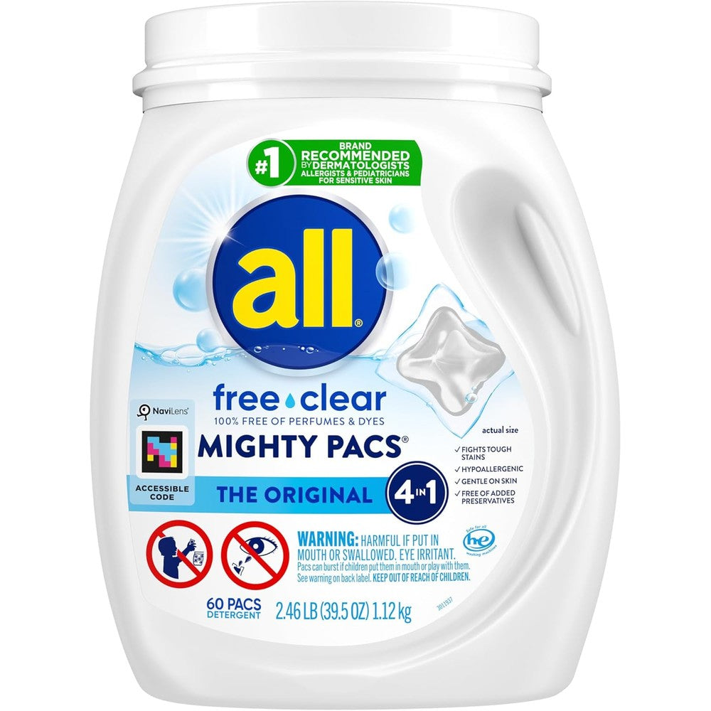 All Mighty Pacs Laundry Detergent Free Clear front view tub of 60 pods