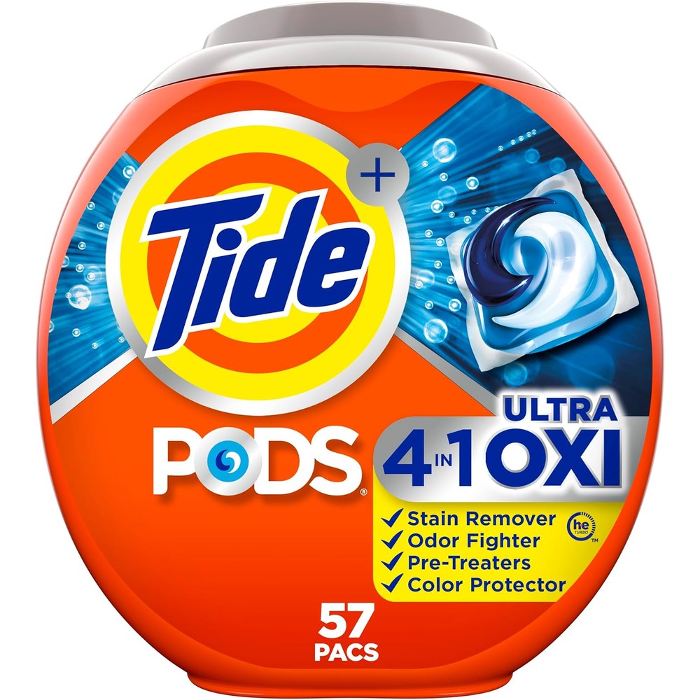 Tide 4-in-1 Ultra Oxi Pods 57 count tub front view high efficiency laundry detergent.