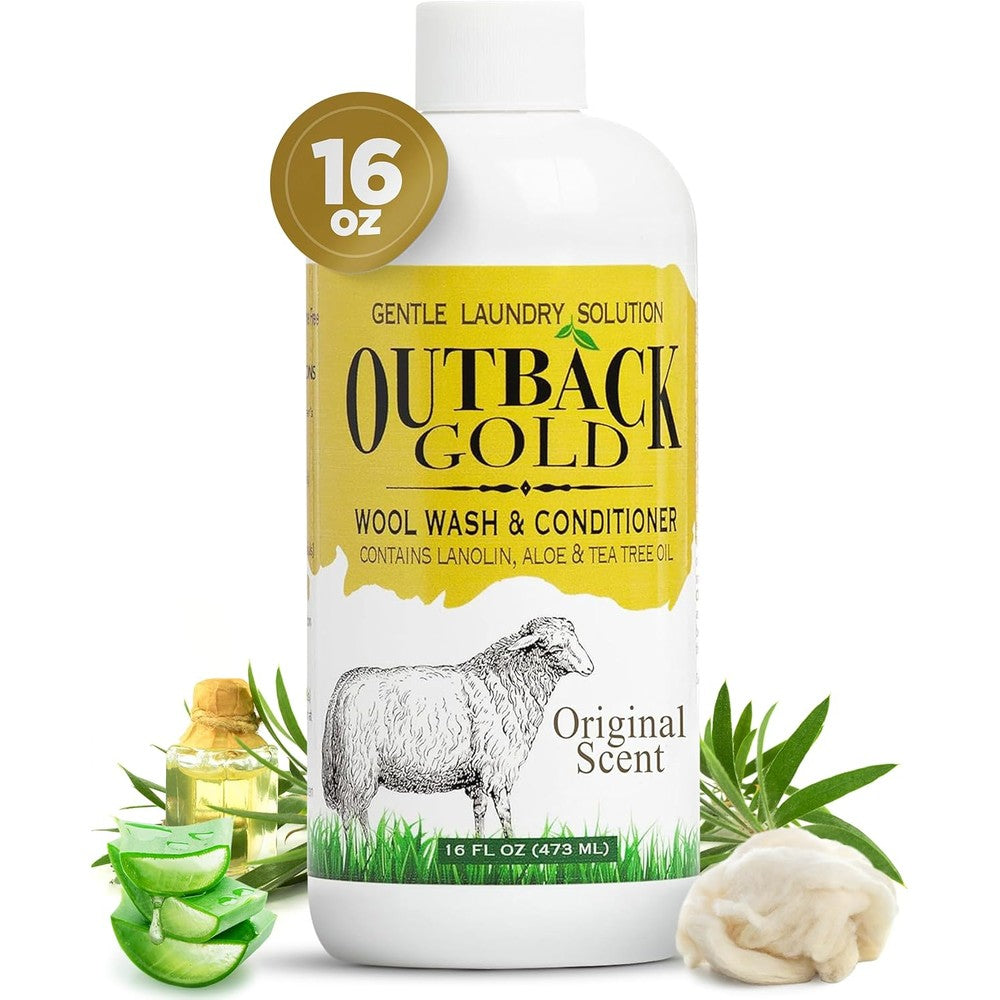 Desert Breeze Distributing Outback Gold Wool Wash 16 ounce bottle front view.