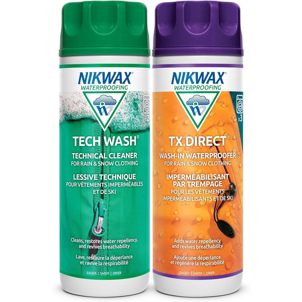 Nikwax Hardshell Cleaning and Waterproofing Duo-Pack front view showing Tech Wash and TX Direct bottles.