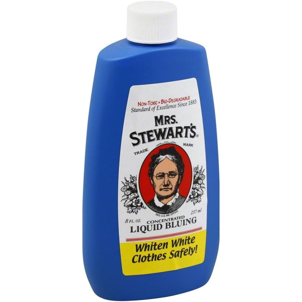 Mrs. Stewart's Concentrated Liquid Bluing 8 Ounce bottle front view authentic laundry whitener.
