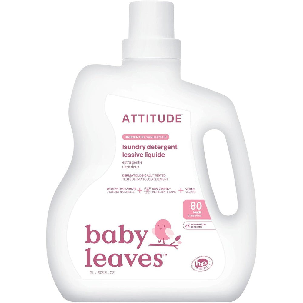 ATTITUDE Baby Laundry Detergent front view of 2 liter bottle for sensitive skin.