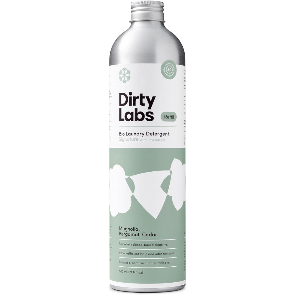 Dirty Labs Signature Scent Bio-Liquid Laundry Detergent front view of aluminum bottle.