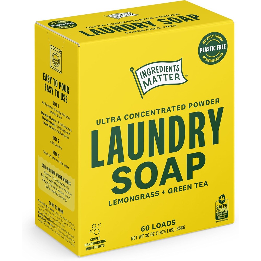 Ingredients Matter Powder Laundry Soap front view 30 Ounce box for natural cleaning.