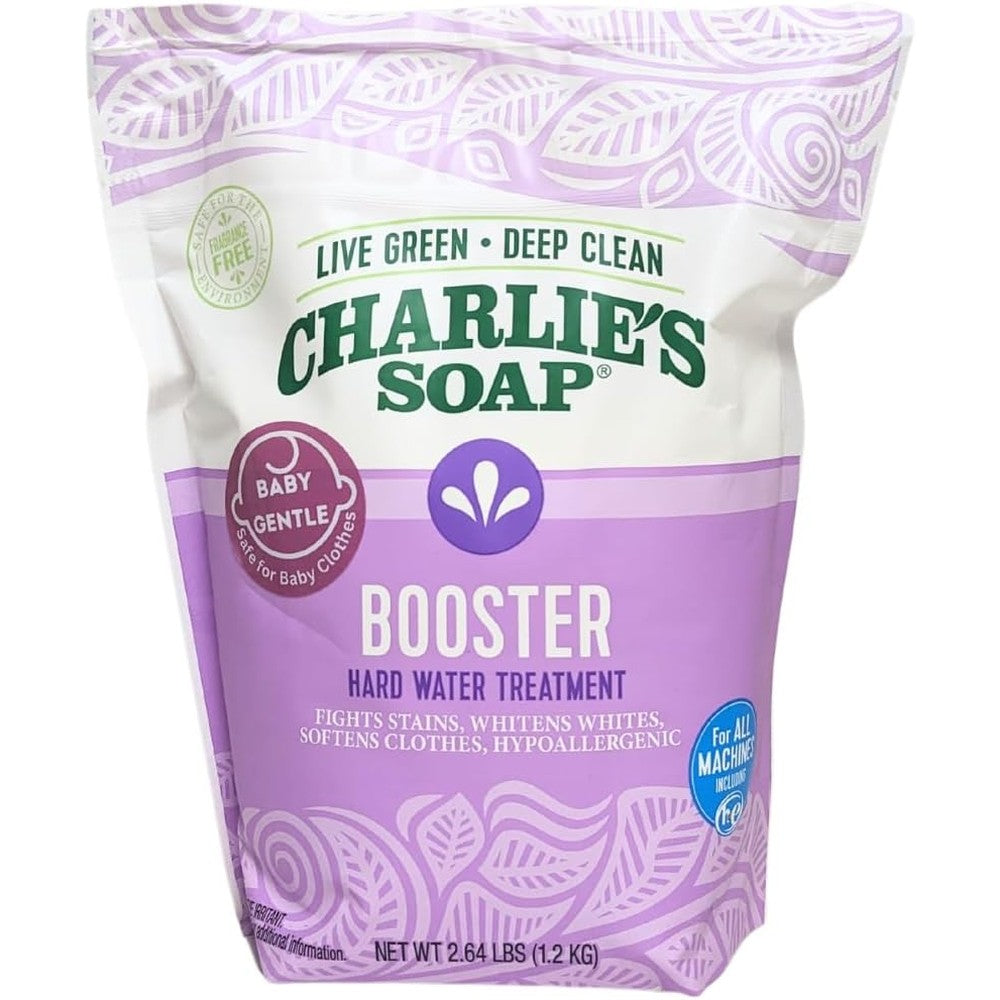 Charlie's Soap Booster and Hard Water Treatment front packaging view for laundry softening.