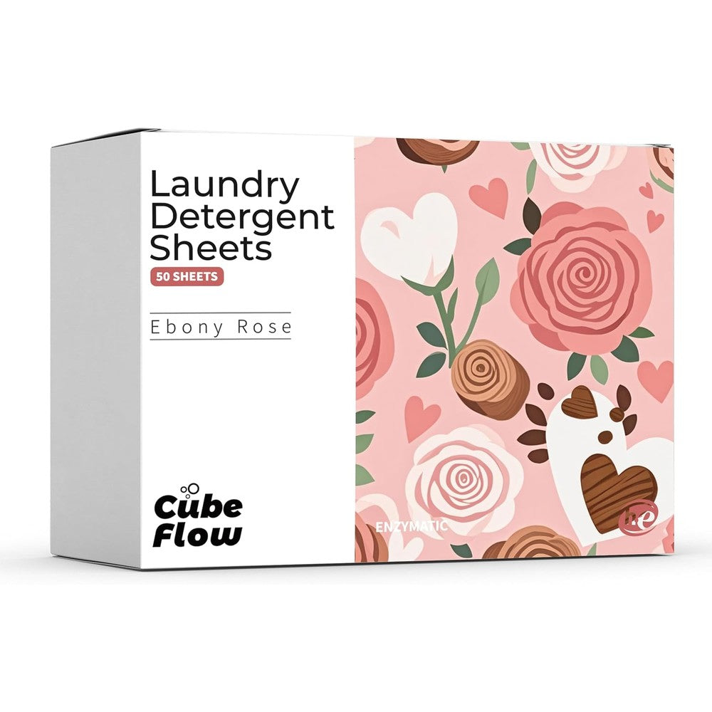 Cubeflow Ebony Rose laundry detergent sheets front packaging showing 100 loads count.