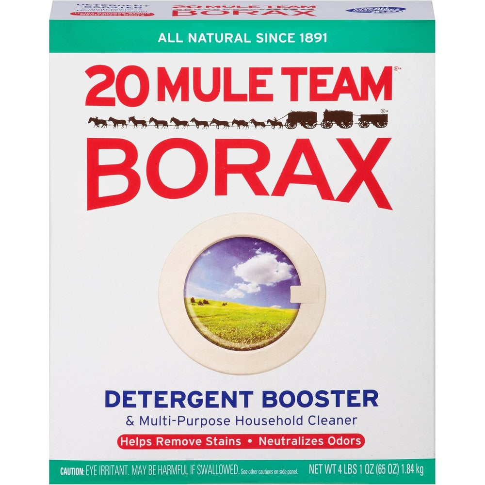 Borax 20 Mule Team Laundry Booster 4 pound box front view for natural stain removal.
