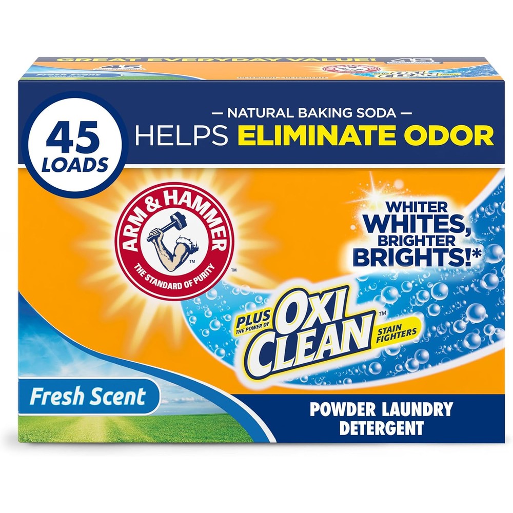Arm & Hammer Plus OxiClean Powder Laundry Detergent front view for stain removal.