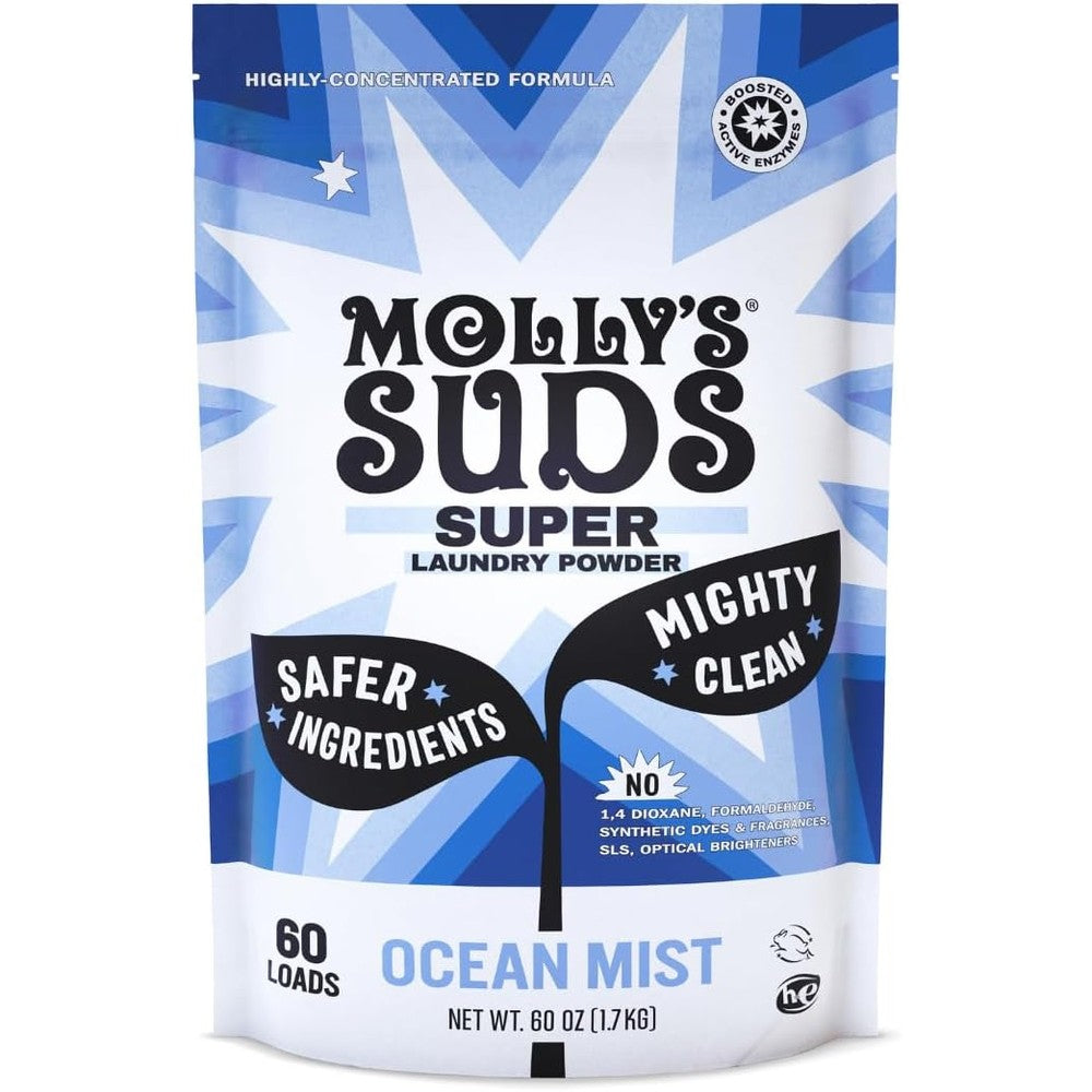 Molly's Suds Super Powder Detergent front view extra strength laundry soap.