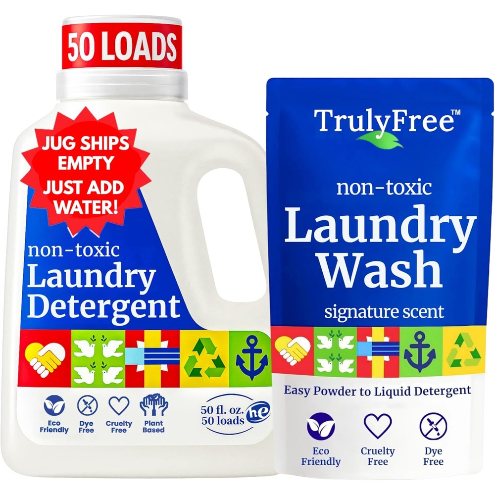 Truly Free Natural Laundry Detergent front view of jug and refill pack