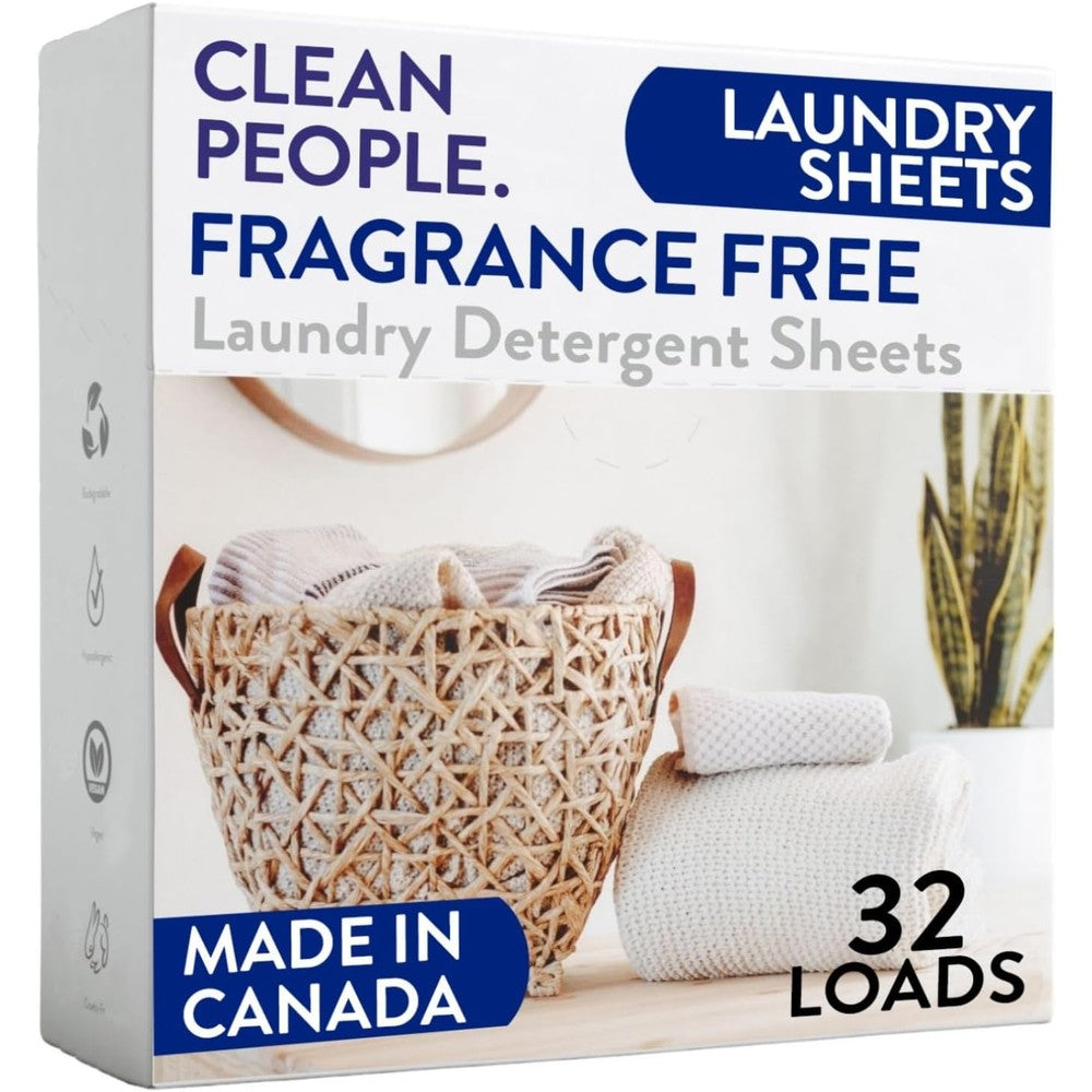 The Clean People Fragrance Free Laundry Detergent Sheets front view of 32 pack laundry soap