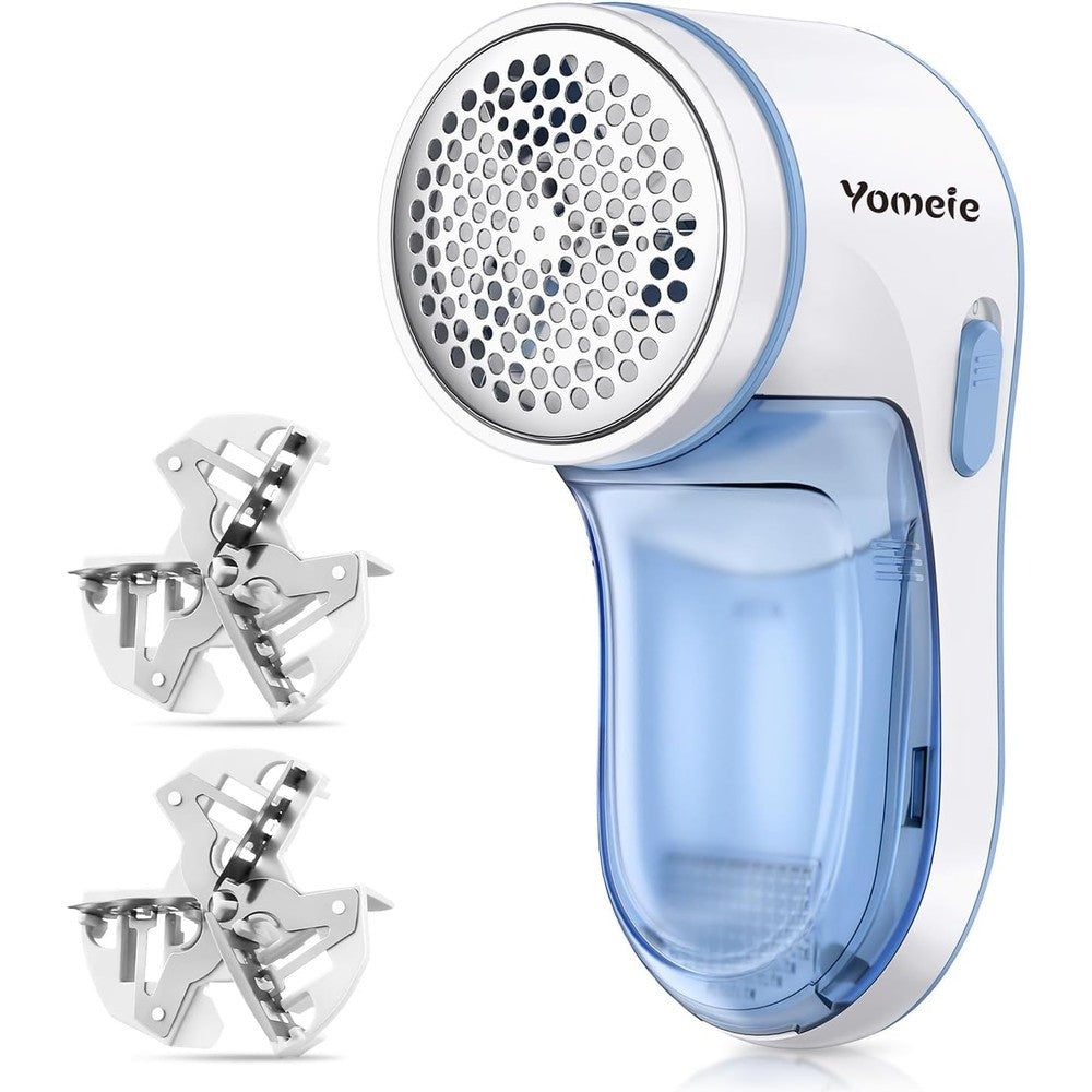 Yomeie Fabric Shaver front view of blue electric lint remover for clothes.