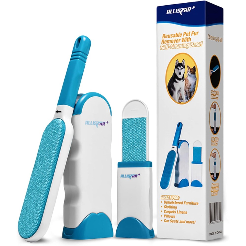 Allistar Pet Hair and Lint Remover Brush Sky Blue front view on furniture.