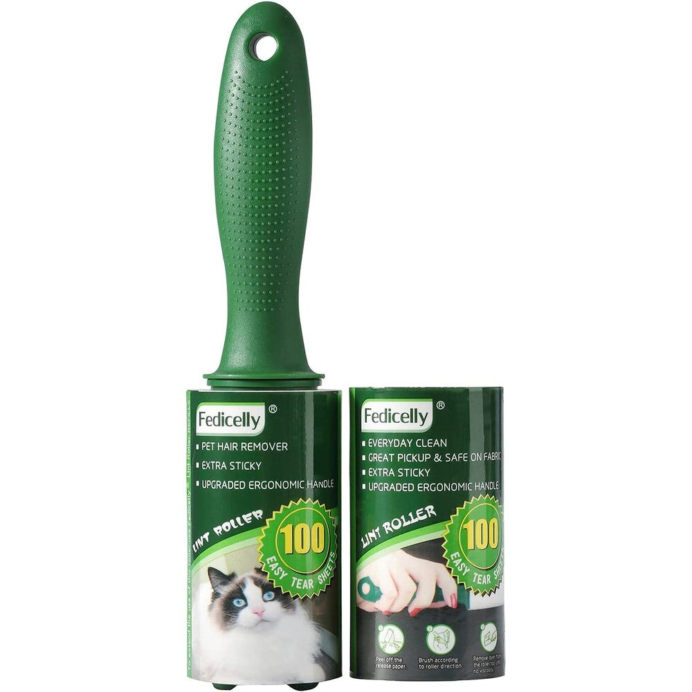 Fedicelly Pet Hair Lint Roller front view showing ergonomic handle and extra sticky sheets.