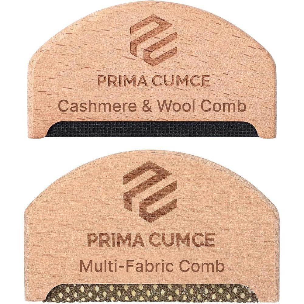 Prima Cumce Wooden Sweater Comb set showing two manual lint removers for fabric care.