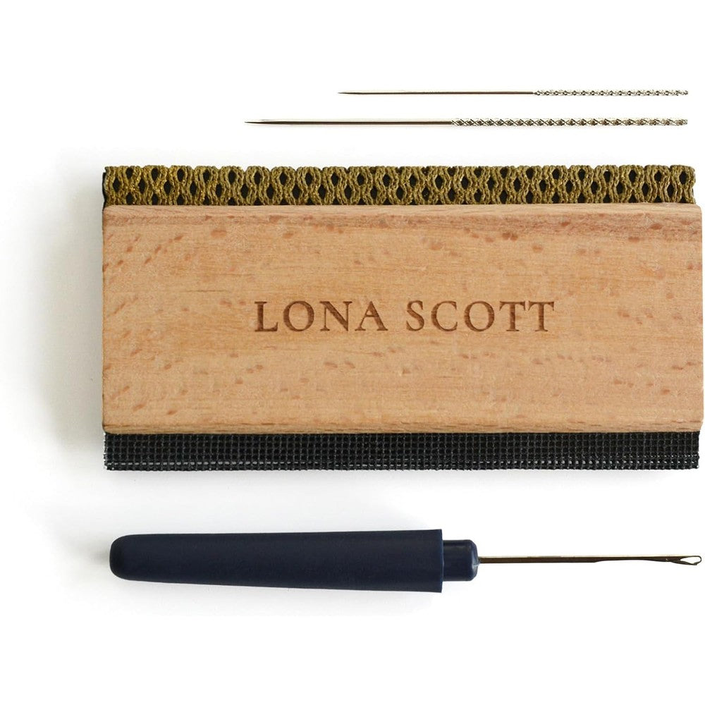 Lona Scott Complete Garment Repair Kit front view showing wooden comb and snag needles.
