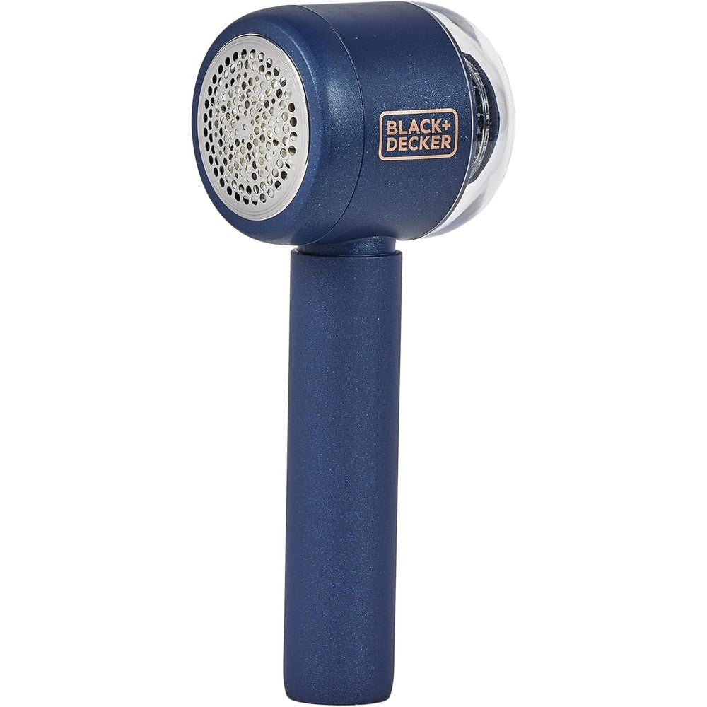 BLACK+DECKER fabric shaver front view showing 6-blade head and dark blue body.