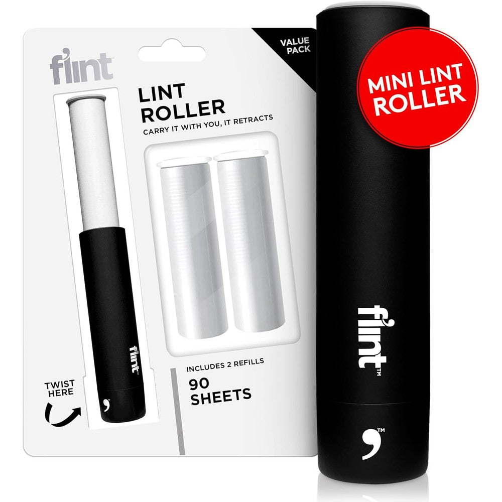 Flint Classic Black Retractable Mini Lint Roller front view for travel.