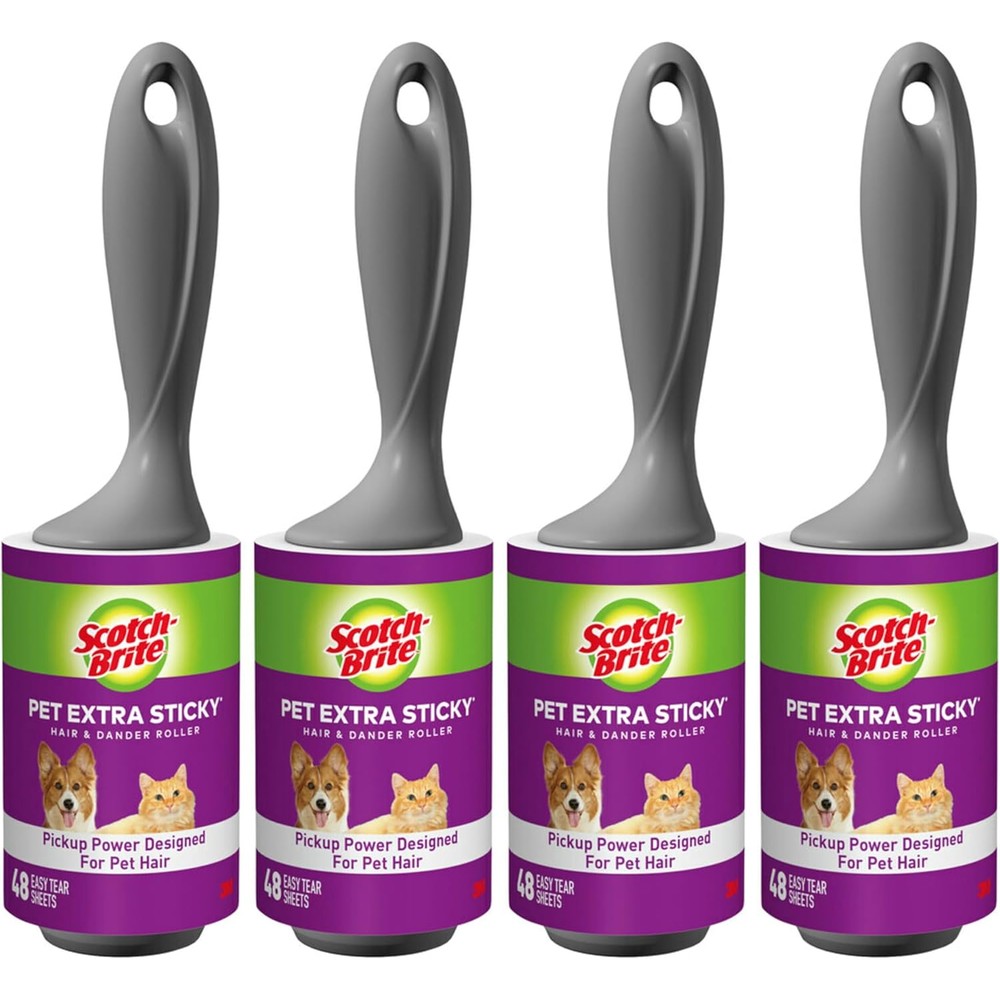 Scotch-Brite Pet Hair Pickup Extra Sticky Lint Roller 4 pack front view for pet hair removal.