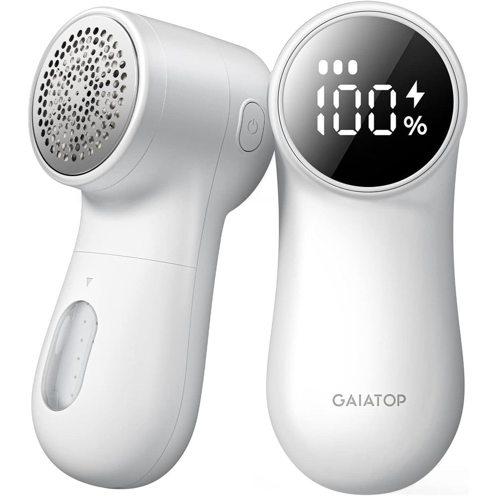 Gaiatop Fabric Shaver front view showing white rechargeable lint remover with digital display.