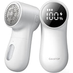 Gaiatop Fabric Shaver front view showing white rechargeable lint remover with digital display.