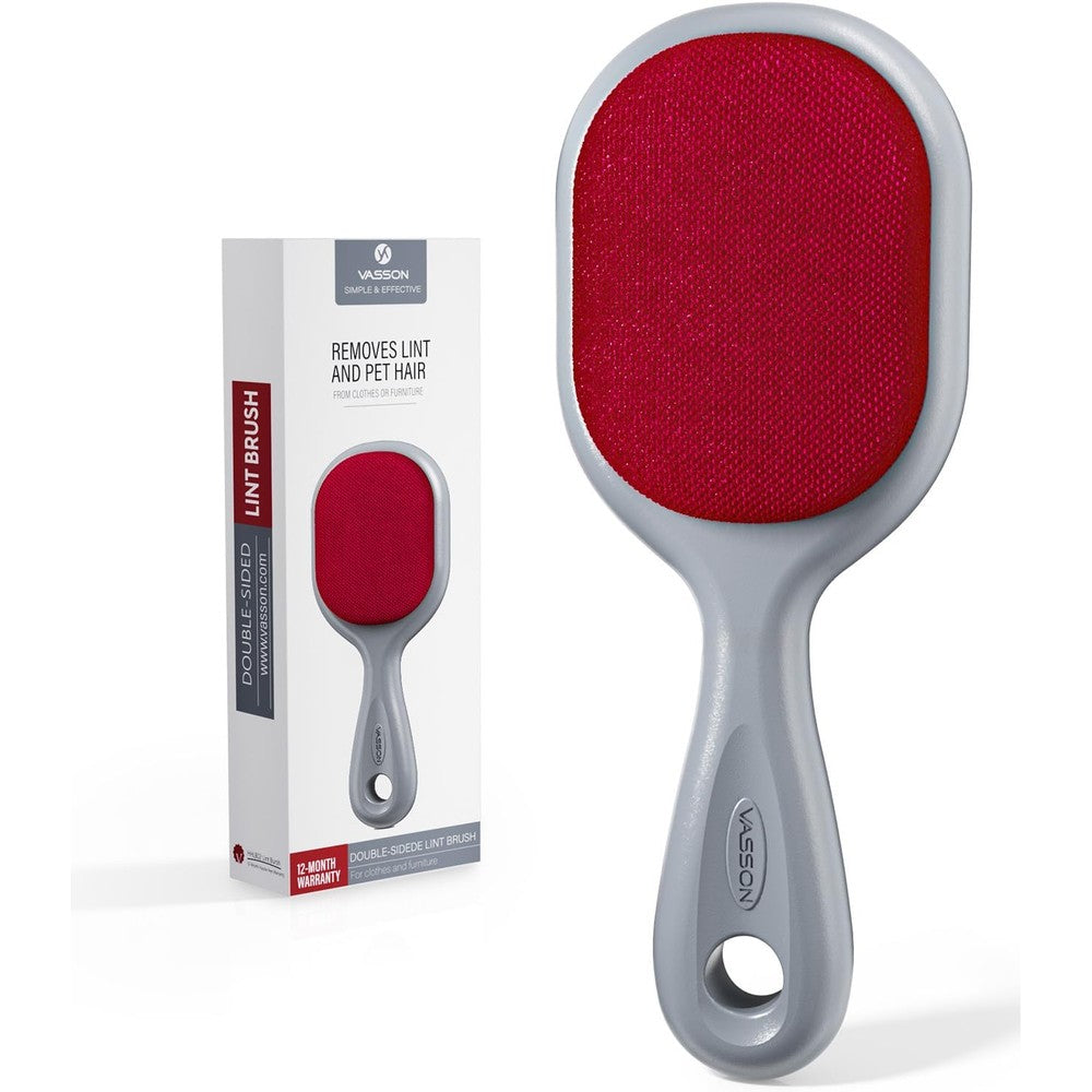 VASSON Double Sided Lint Brush front view showing grey handle and red velvet surface.