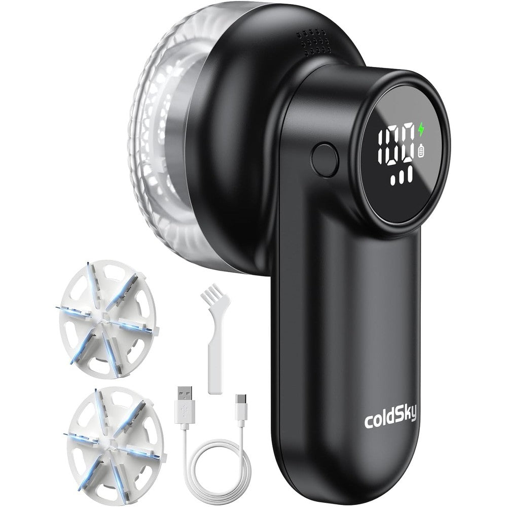 ColdSky Rechargeable Fabric Shaver front view with LED digital display active.