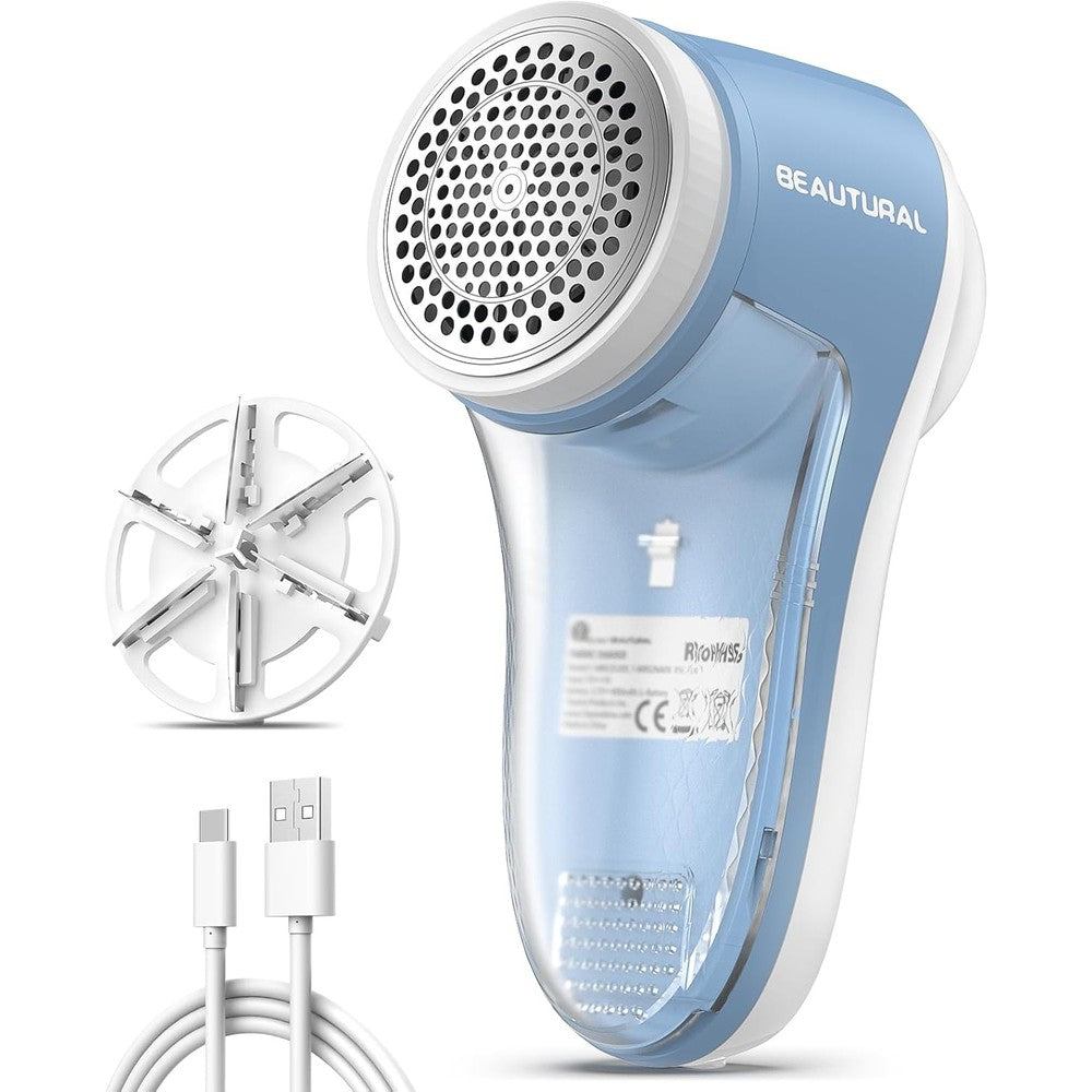 Beautural Fabric Shaver front view showing ergonomic handle and power button for lint removal.