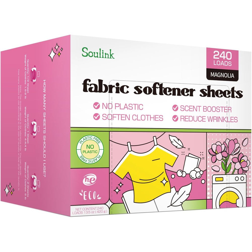 Soulink Fabric Softener Sheets front packaging view for eco-friendly laundry.