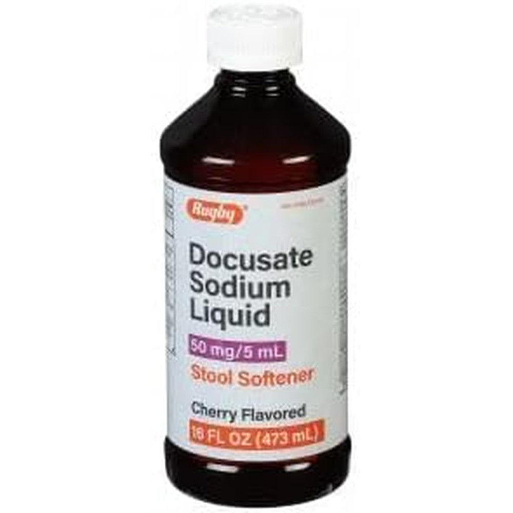 Rugby Laboratories Docusate Sodium Cherry Flavored Liquid Stool Softener 16 Fluid Ounce front bottle view.