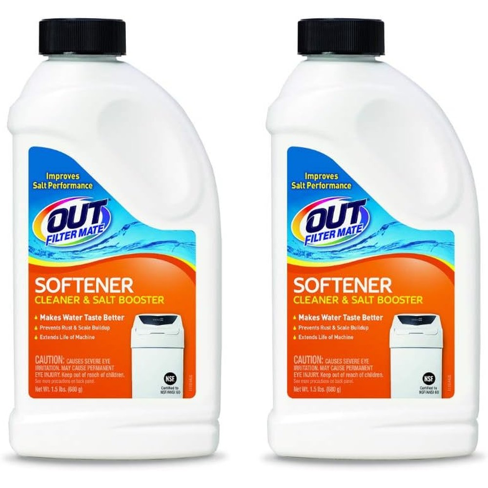 OUT Filter Mate Water Softener Cleaner 2-pack front view for resin bed maintenance.