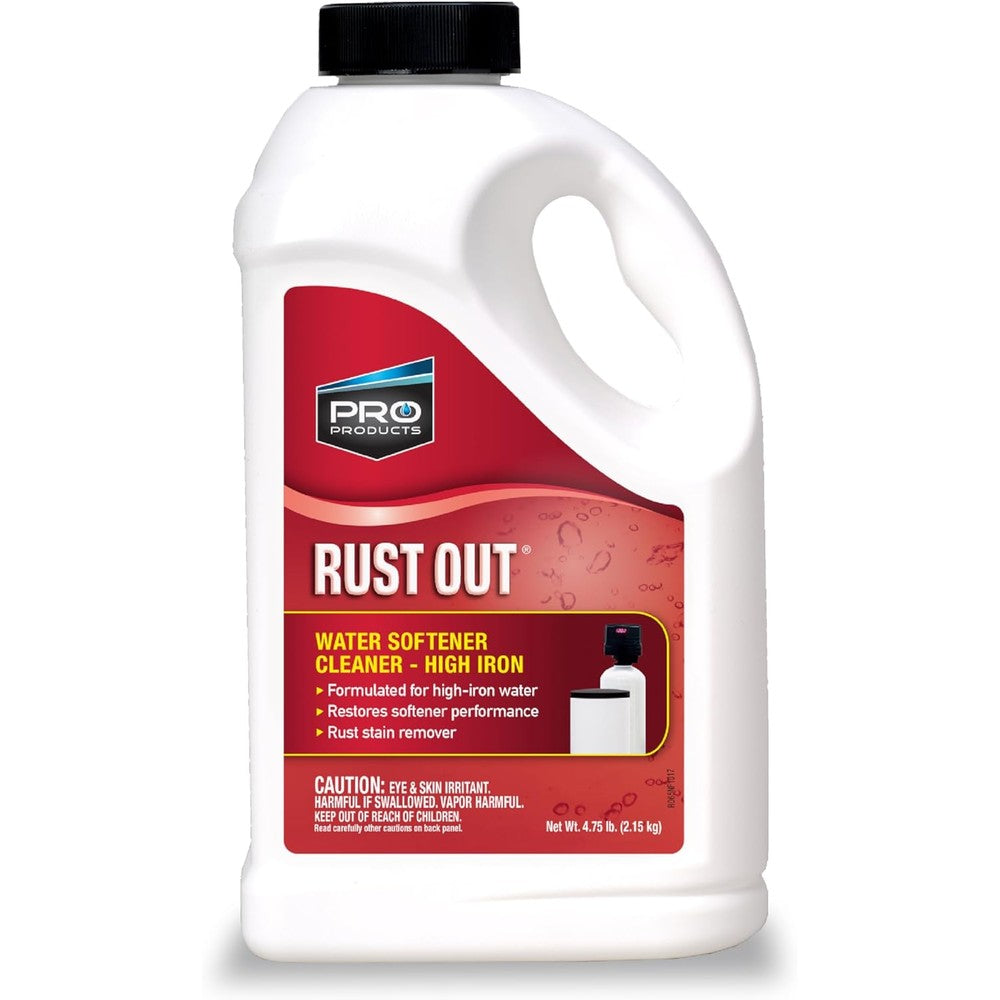 Pro Products Rust Out 4.75 Pound bottle front view for water softener maintenance.