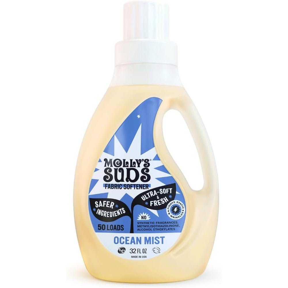 Molly's Suds Fabric Softener Liquid Ocean Mist front view for sensitive skin laundry care.