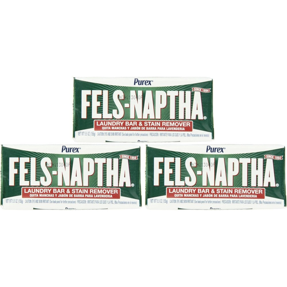 Fels Naptha Laundry Bar and Stain Remover three pack front view authentic USA import.