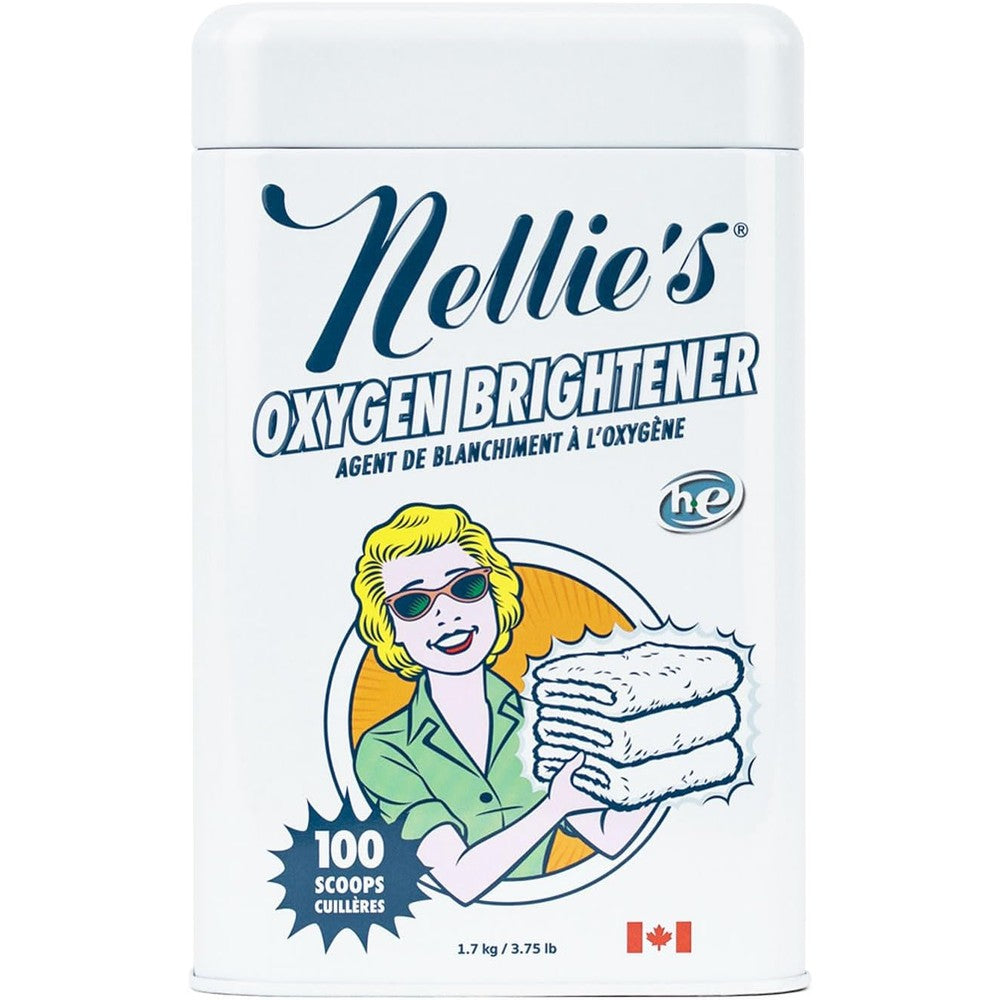 Nellie's Oxygen Brightener 100 Scoops tin front view for laundry stain removal