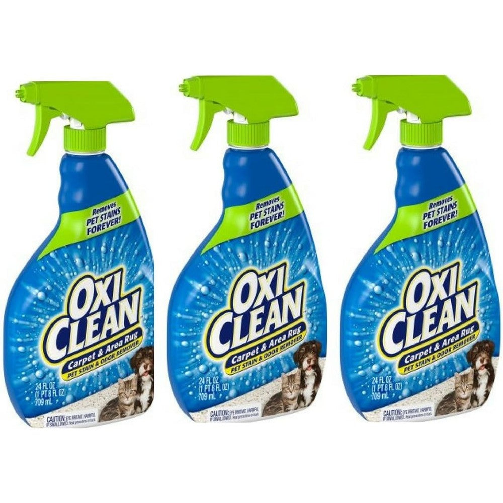 OxiClean Carpet and Area Rug Pet Stain and Odor Remover spray bottle front view for pet accident cleaning.