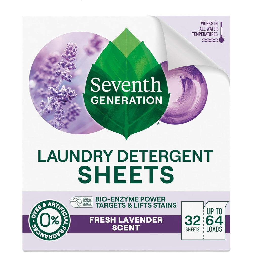 Seventh Generation Fresh Lavender Laundry Detergent Sheets front packaging showing 64 loads.