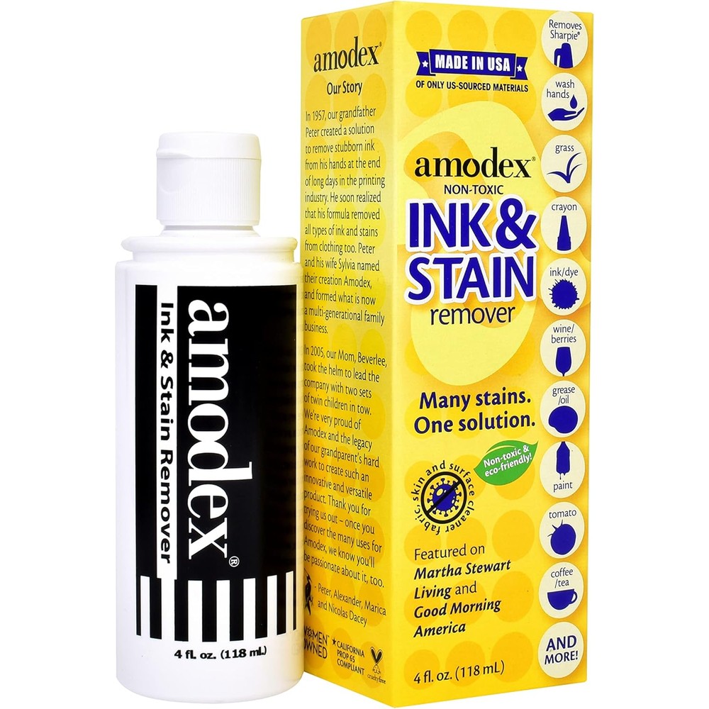 Amodex Ink and Stain Remover four ounce bottle front view for laundry care.