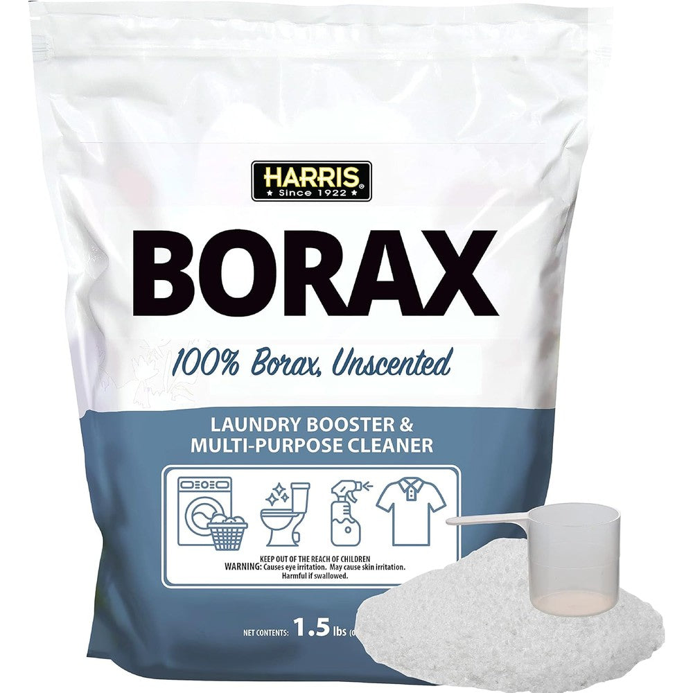 Harris Borax Powder 1.5lb bag front view for hard water laundry boosting.