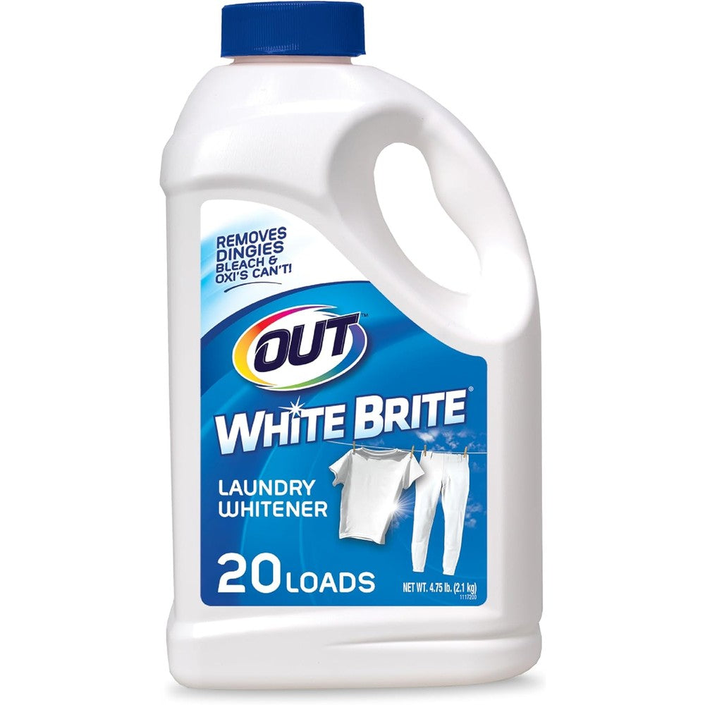 OUT White Brite Laundry Whitener front view 76 ounce bottle for bright whites.