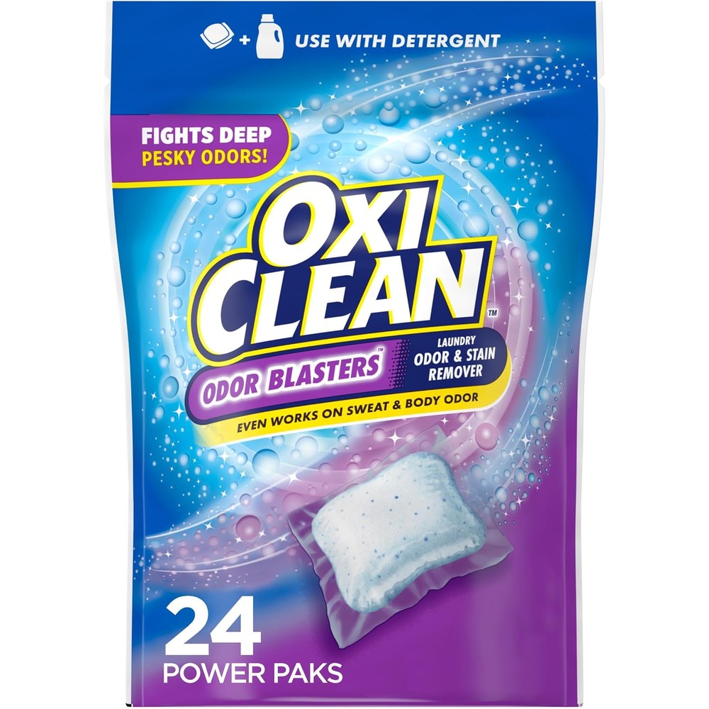 OxiClean Odor Blasters 24 Count front packaging laundry stain remover paks.