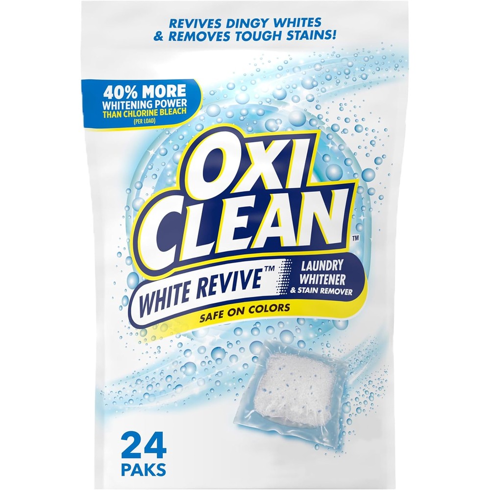 OxiClean White Revive Laundry Whitener 24 Count front view for stain removal.